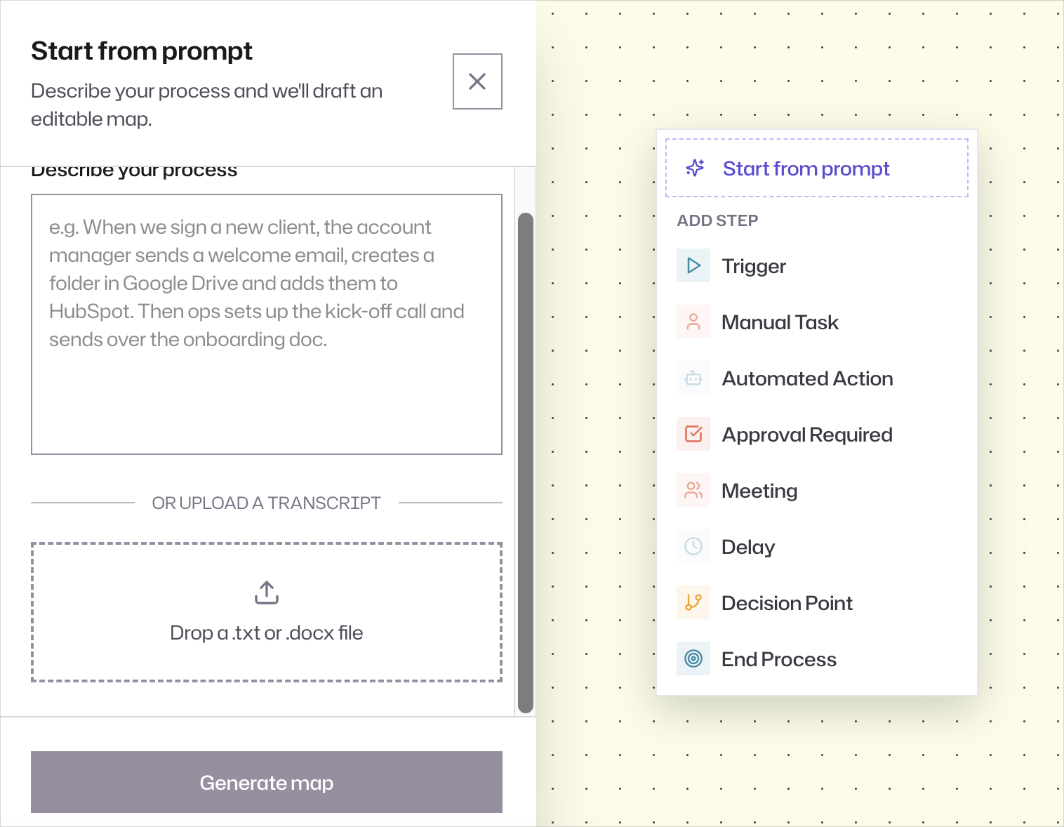 WorkflowMind prompt and transcript upload options for starting a process map