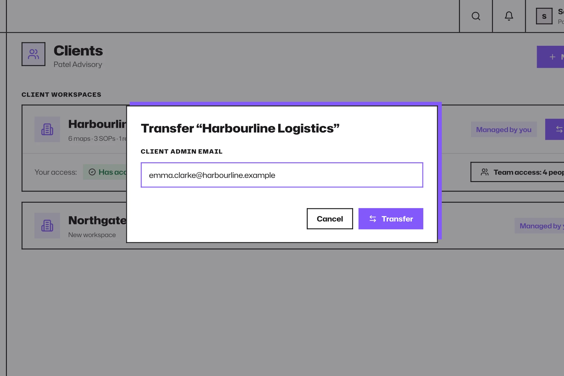 WorkflowMind dialog for transferring a client workspace to the client organisation.
