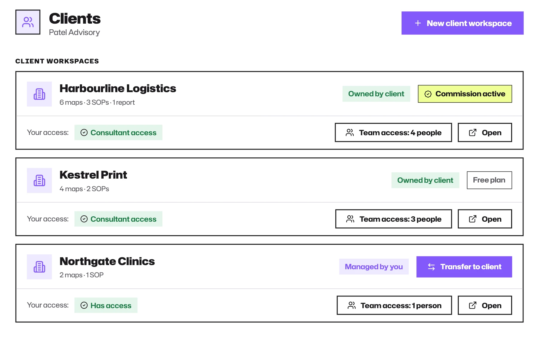 WorkflowMind Clients page listing separate client workspaces, ownership, consultant access and team access.