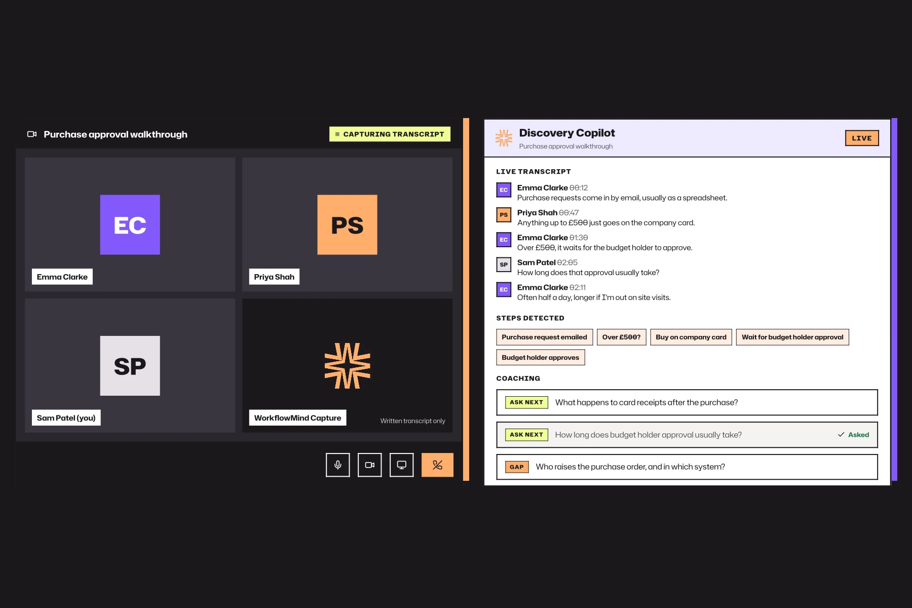 WorkflowMind Discovery Copilot alongside a recorded client discovery meeting.