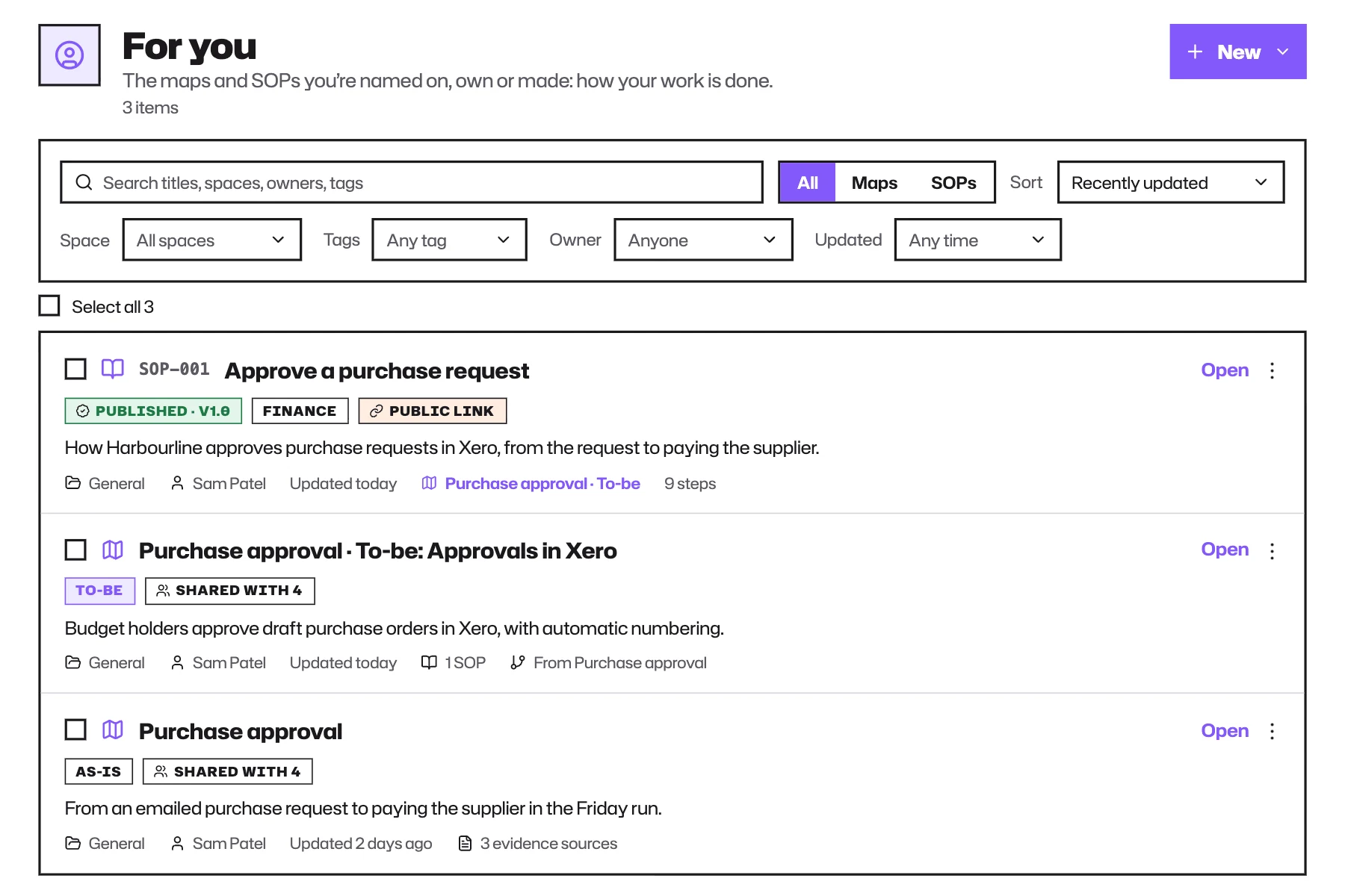 WorkflowMind For you page listing a published SOP and its connected current and proposed purchase approval maps.