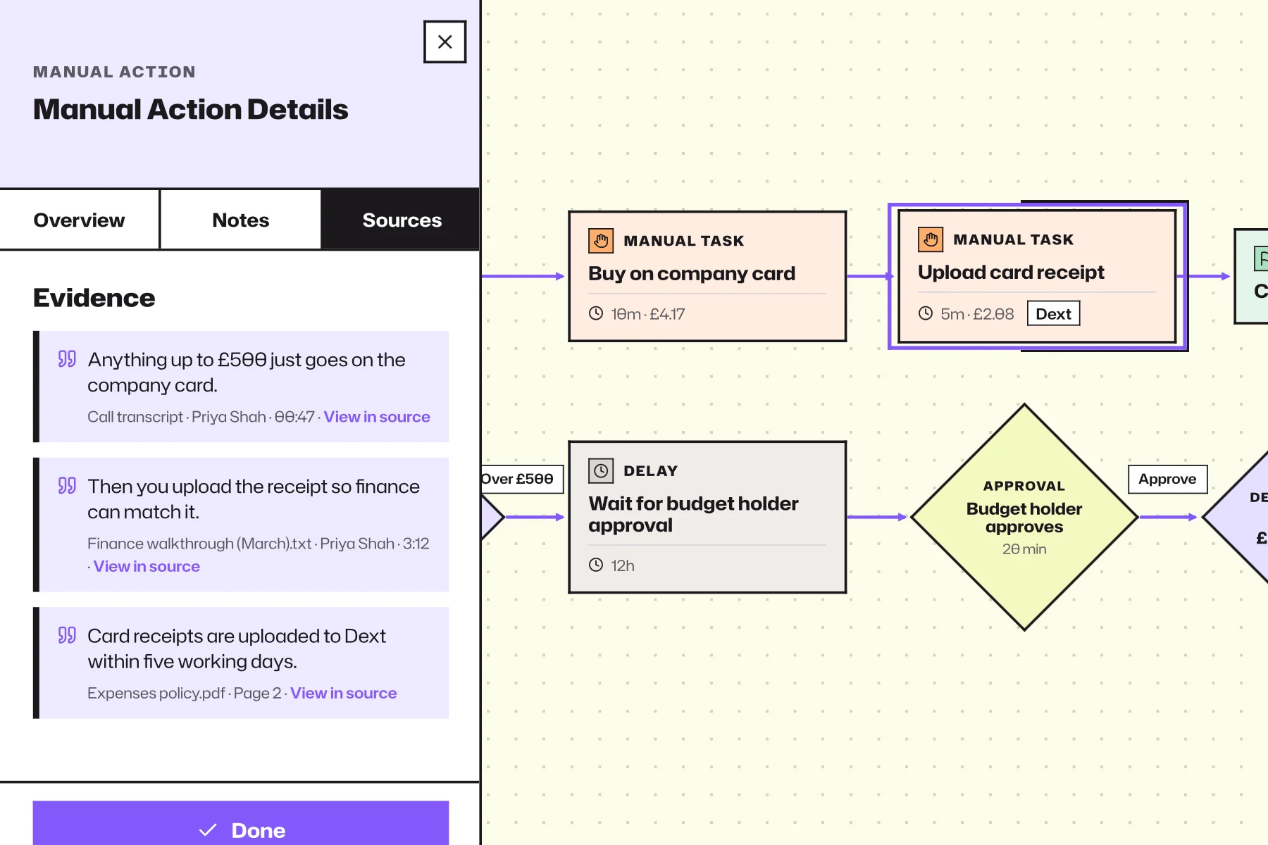 WorkflowMind process step opened to show the source evidence behind it.